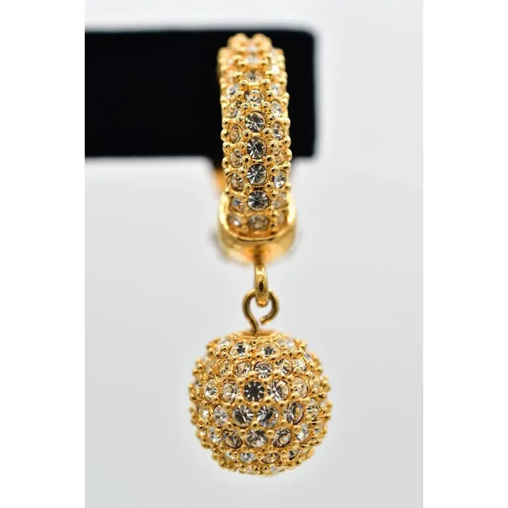 Swaovski Vintage Crystal Clip On Earrings Ball Dangle Gold Swan Signed 80s BinBJ